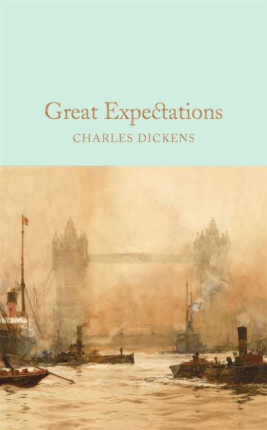 Boekomslag van 'Great Expectations' door Charles Dickens. Schilderij van de Tower Bridge in Londen, met boten op de Theems.