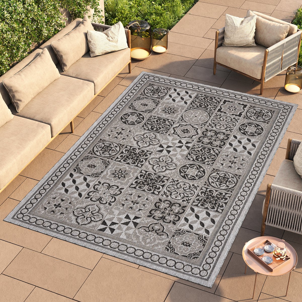 Tapiso Melissa Vloerkleed voor Balkon Tuin Terras Grijs Mozaiek Tapijt Maat- 200x290