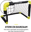 Zwart en geel voetbaldoel met een detail van de gele connector. Tekst: 'STERK EN DUURZAAM'.