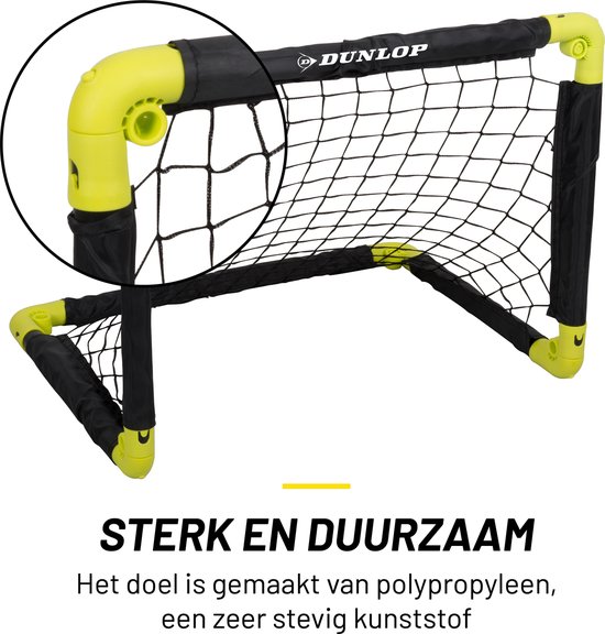 Zwart en geel voetbaldoel met een detail van de gele connector. Tekst: 'STERK EN DUURZAAM'.