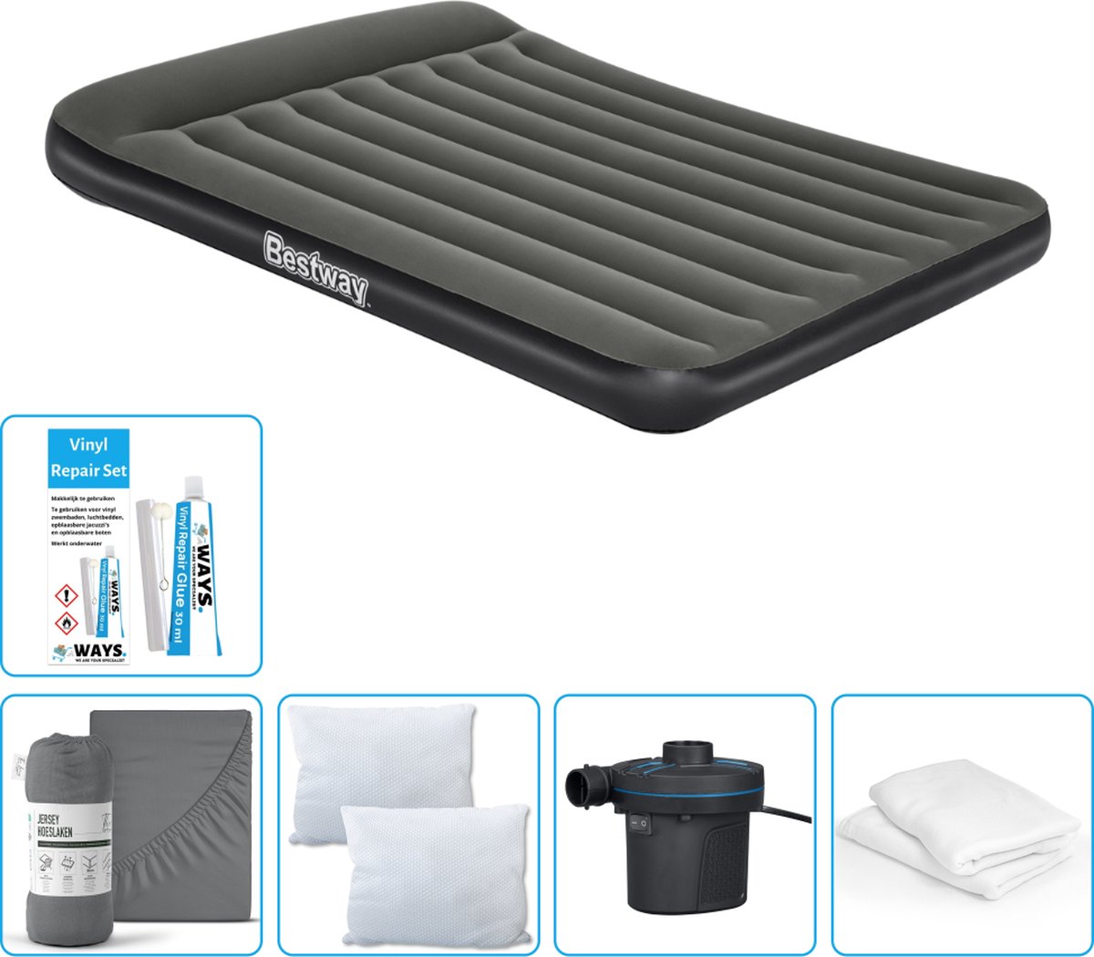 Bestway luchtbed - 2-Persoons - 152 x 203 x 30 cm - Groen - Inclusief Hoeslaken - Kussen - Kussenbeschermer - Pomp en Reparatieset