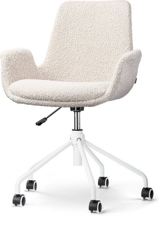 Nolon Nout-Eef Bureaustoel Bouclé Beige - Stof - Verstelbaar - Wielen - Wit Onderstel - Lage Armleuning - Modern - Design - Scandinavisch