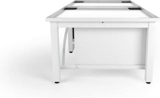 Witte wasmachineverhoger met lades op witte pootjes, van voren gezien.