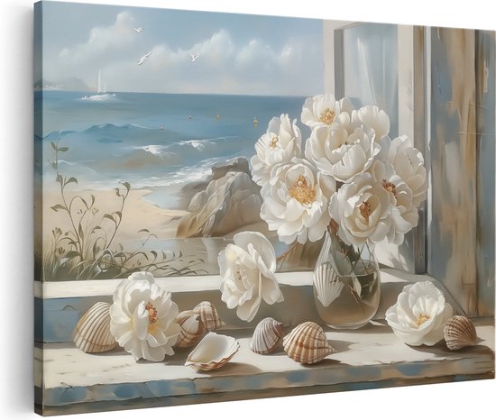 Toile peinte avec des fleurs blanches en vase et des coquillages sur un rebord de fenêtre, vue sur la mer.