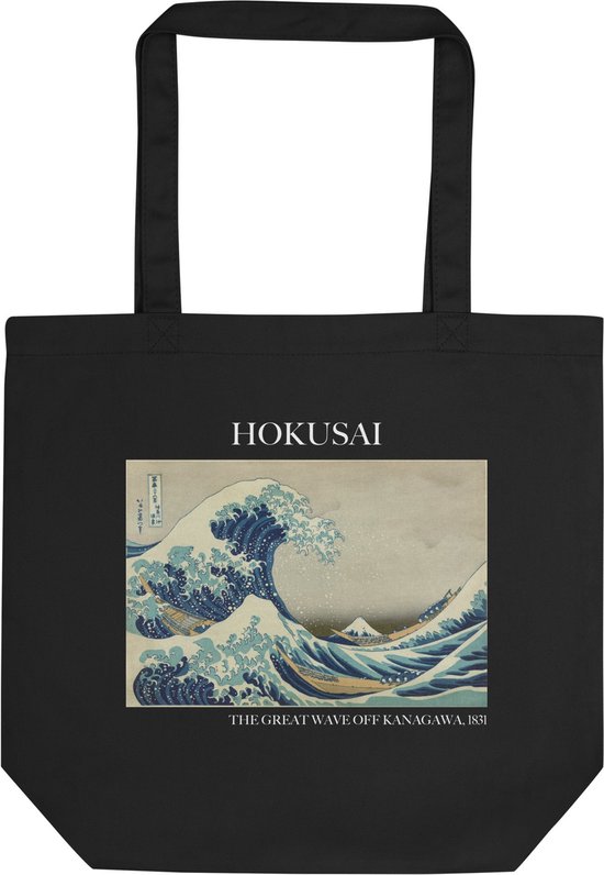 Hokusai 'De grote golf van Kanagawa' ("The Great Wave off Kanagawa") Beroemde Schilderij Tote Bag | 100% Katoenen Tas | Kunst Tote Bag | Zwart