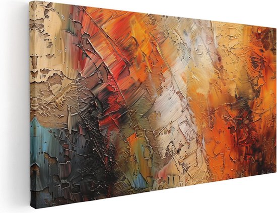 Abstract schilderij met dikke verfstreken in oranje, rood en beige tinten met donkere accenten.