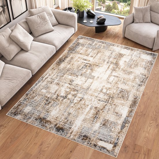 Tapiso Hera Vloerkleed Beige Bruin Laagpolig Woonkamer Gewreven Tapijt Maat- 80x150