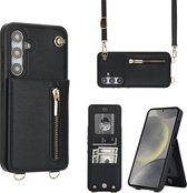 Geschikt Voor Samsung Galaxy S24 Hoesje Met Koord - Solidenz S24 Wallet Case Cover - Telefoonhoes - Backcover Met Koordje - Cord Case - Lanyard - Hoesje S24 - Zwart