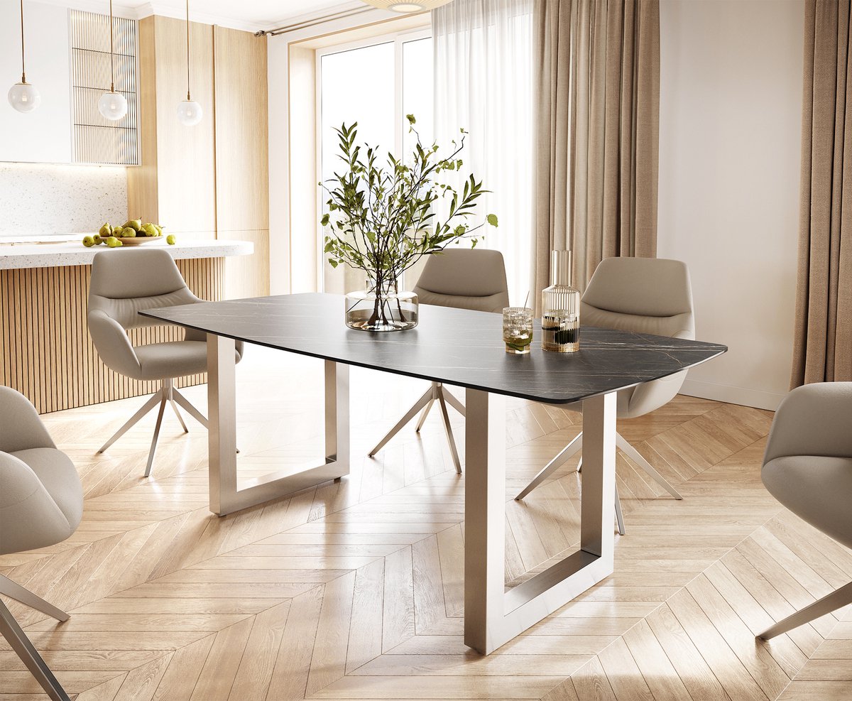 DELIFE Eettafel Edge Bootsform keramiek Laminam® Noir Desir bruin 200x100 roestvrij staal breed Noir Desir Braun