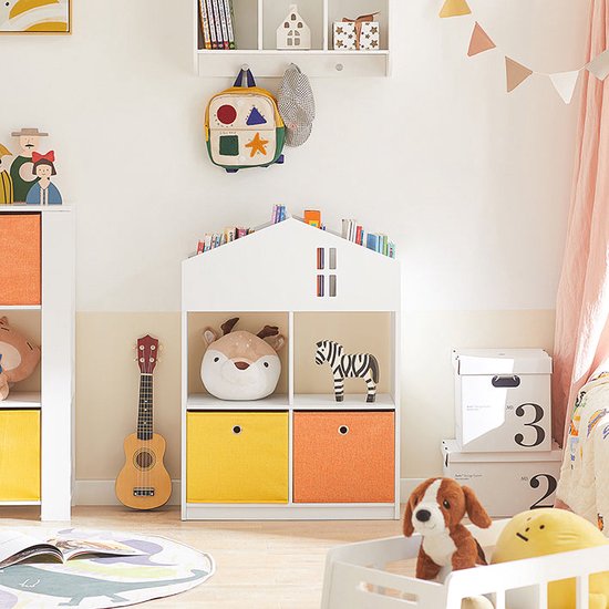 SoBuy Kinderplank Kinderopbergrek Kinderopbergkast 360 Draaibare boekenplank Boekenkasten voor Kinderen Opbergrek voor Boeken en Speelgoed met 2 Haken en 1 Tekenborden Krijtbord 48x48x105 cm KMB64-W