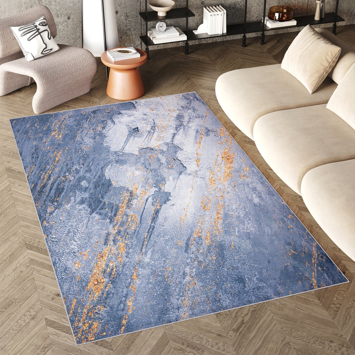 Tapiso Flannel Printed Vloerkleed Blauw Modern Woonkamer Antislip Wasbaar Tapijt Maat- 160