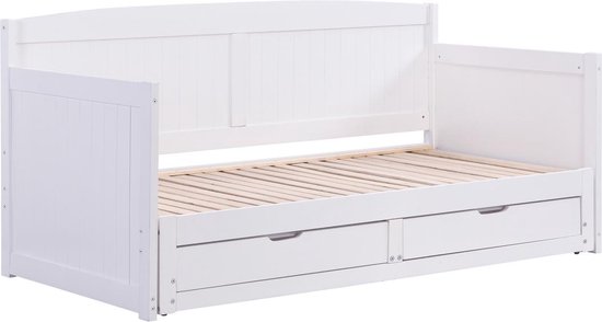 Uitschuifbaar bedbankje 90 x 190 of 180 x 190 cm - Met bedbodem met kamstructuur en lades - Grenen en mdf - Wit - DINIVA L 198 cm x H 95.5 cm x D 100 cm