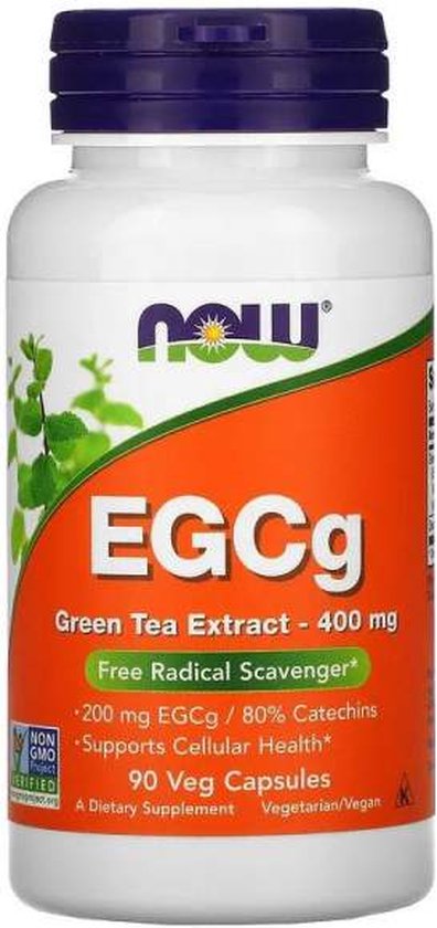 Witte fles met blauw deksel. Label: 'EGCg Green Tea Extract - 400 mg', met groene blaadjes.