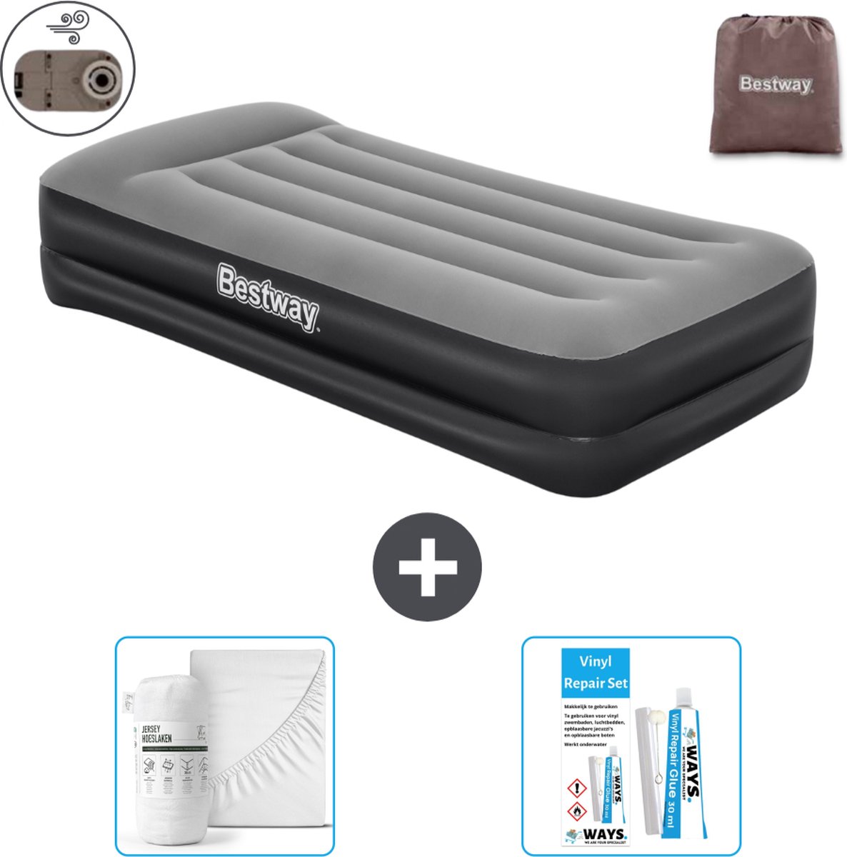 Bestway luchtbed - 1-Persoons - 97 x 191 x 46 cm - Grijs - Inclusief pomp - Hoeslaken en Reparatieset