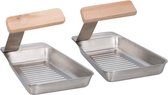 4x Barbecue grillpannen RVS 17 x 11 cm met houten spatel -  BBQ pannen - Barbecueaccessoires/kookgerei