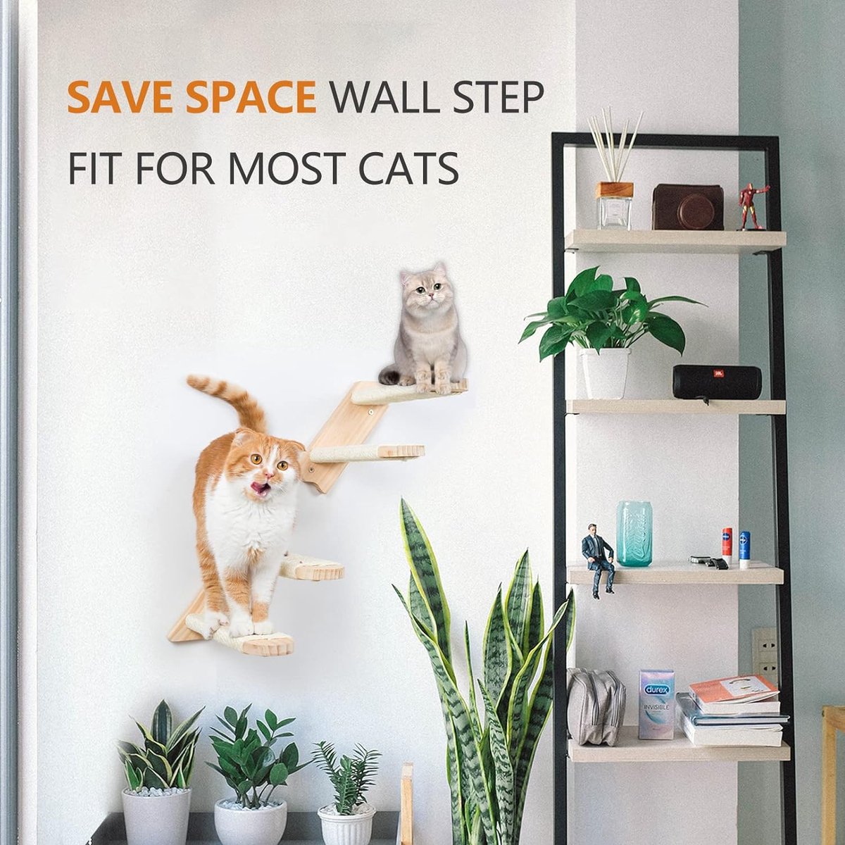2-pack Kattentrap 4 treden, Kattentrap muur, Klimwand voor katten, Kattentrap met jutetouw, Wandmontage kattenmeubels DIY Klimwand katten