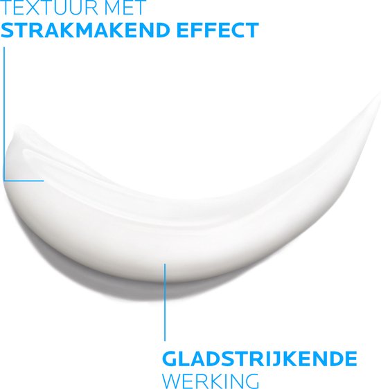 Een witte, romige substantie met de tekst 'TEXTUUR MET STRAKMAKEND EFFECT' en 'GLADSTRIJKENDE WERKING'.
