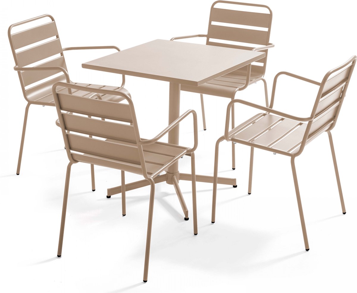 Oviala - Tuinset met tafel en 4 fauteuils in taupekleurig metaal - Palavas