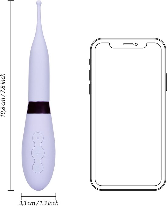 Paarse vibrator met siliconen punt, afmetingen vergeleken met een smartphone.