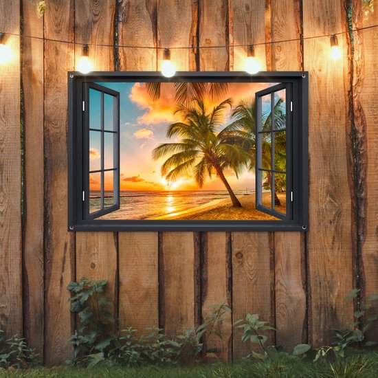 Tuinposters - Tuindecoratie - Doorkijk - Strand - Palmbomen - Zonsondergang - 120x80 cm - Tuin decoratie - Schutting decoratie - Tuinposter - Schuttingdoek - Buitenposter - Tuinversiering - Balkon decoratie - Tuinschilderij
