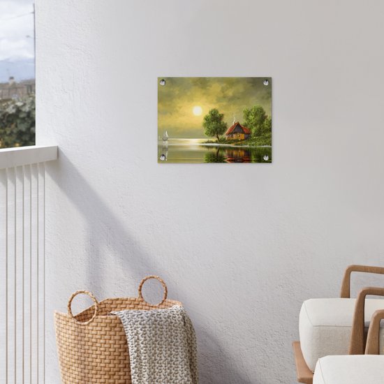 Tuin decoratie Schilderij - Olieverf - Huis - Natuur - Water - 40x30 cm - Tuindoek - Buitenposter