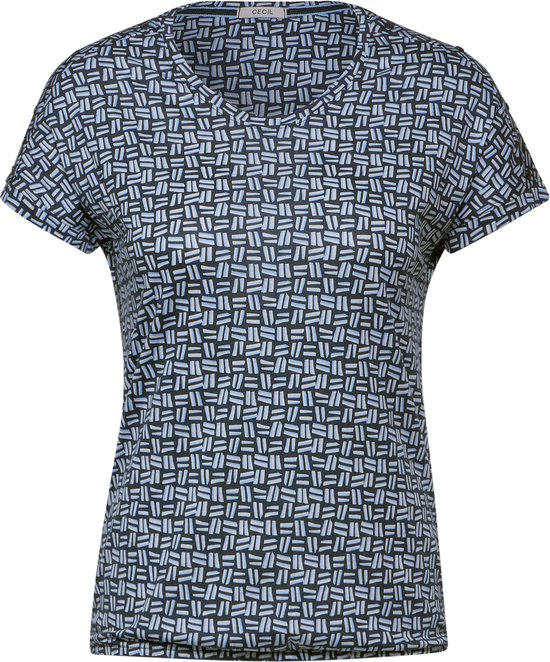 CECIL TOS Button T-shirt With Minimal print Dames T-shirt - universal blue - Maat XXL