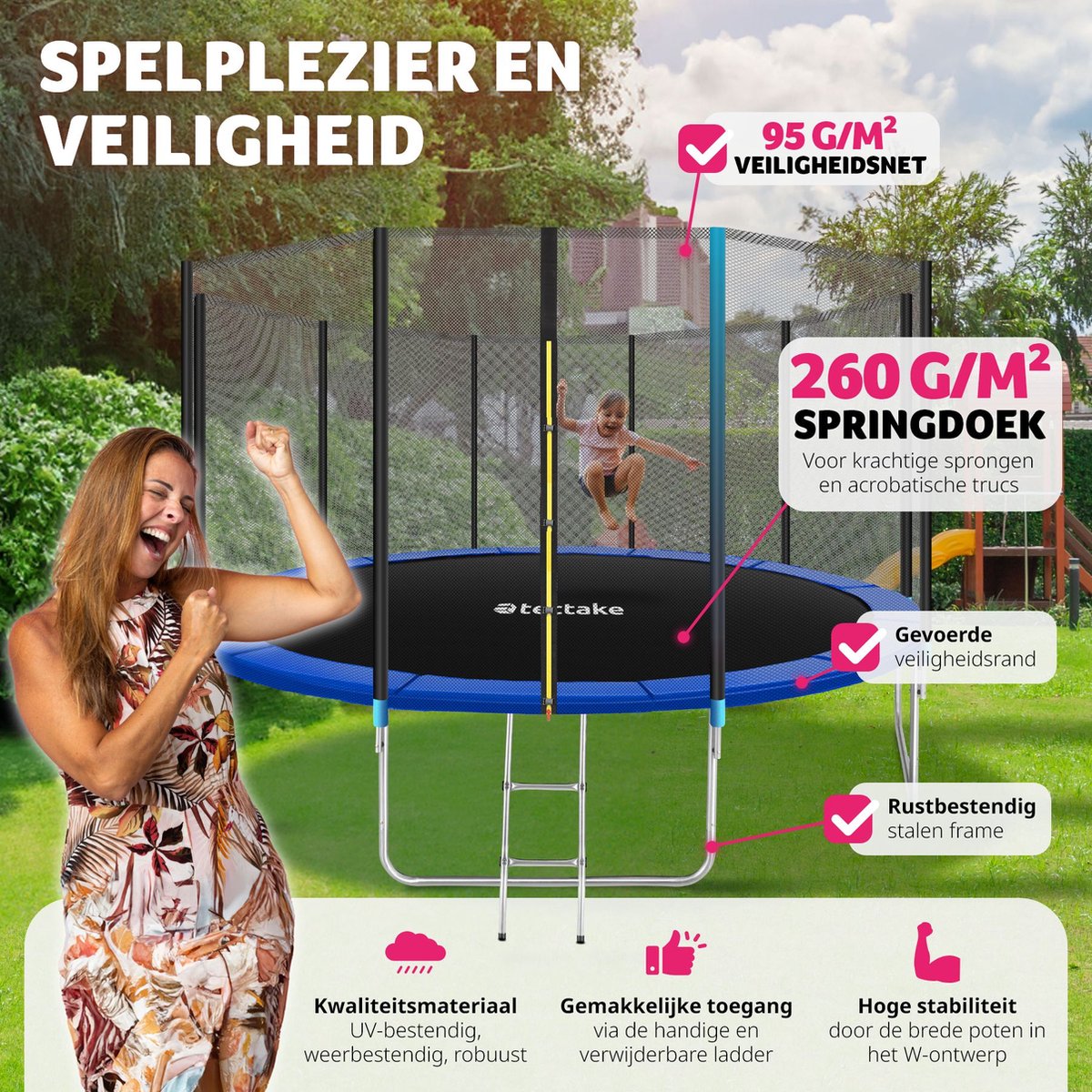 tectake® Trampoline - Ø457 cm - TÜV-geteste Kindertrampoline met Veiligheidsnet - Buitenspeelgoed - Sporttrampoline - Speeltoestel voor in de Tuin — afbeelding 15