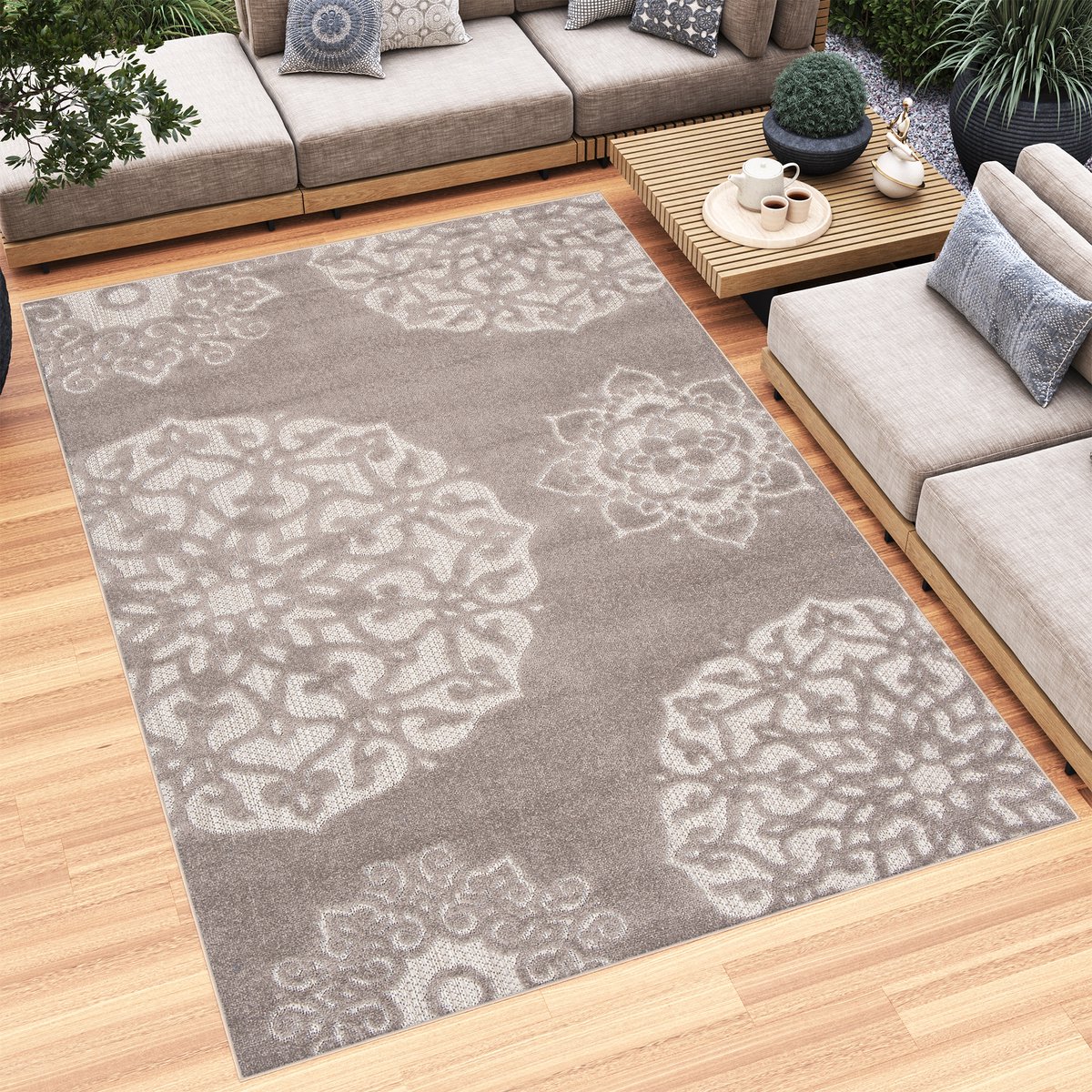 Tapiso Patio Indoor Tapijt Buitenkleed Grijs Tuintapijt Outdoor Modern Maat- 80x150 Grijs Creme 2