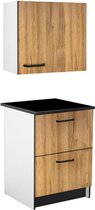 Keukenkastjes - 1 onderkast en 1 bovenkast - 2 lades en 1 deurtje - Houtlook & zwart - TRATTORIA L 60 cm x H 84.8 cm x D 60 cm