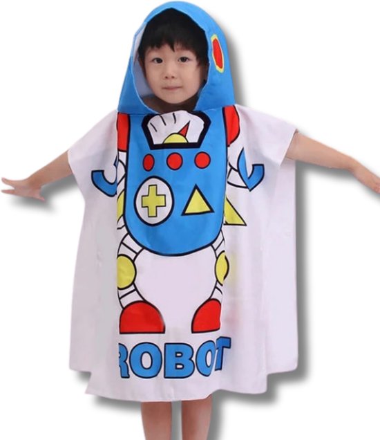 BoefieBoef Robot BadPoncho - De Perfecte Microvezel Kinderhanddoek met Capuchon voor Peuters en Kleuters (1-6 jaar) - wit