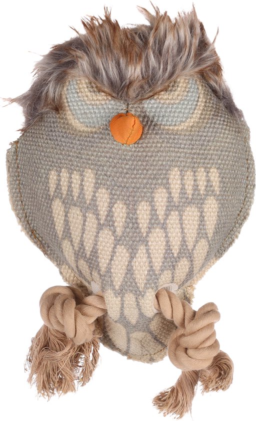 Huisdierspeeltje in de vorm van een uil met grijze en beige ruiten, met touwen onderaan.
