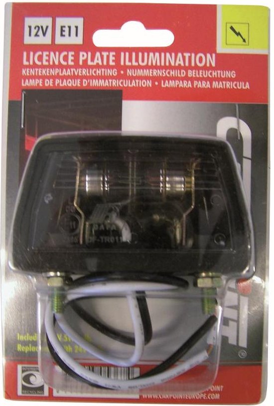 Kentekenplaatverlichting in verpakking, 12V E11, met tekst 'LICENCE PLATE ILLUMINATION'.