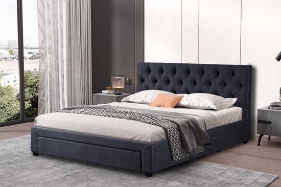 Lit double Siena 160x200 avec sommier et espace de rangement | anthracite - Rousseau - Lits doubles rembourrés - Anthracite - Tissu|MDF|Panneaux de particules - Lits doubles rembourrés