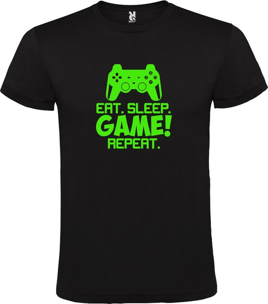 Zwart t-shirt met tekst 'EAT SLEEP GAME REPEAT' print Groen size XS