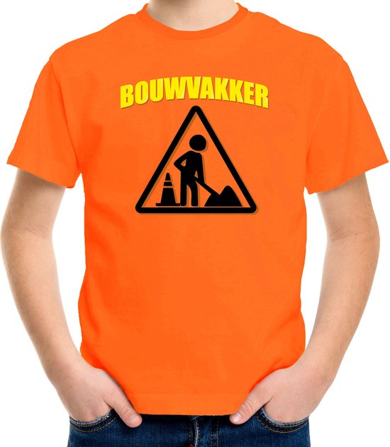 Bouwvakker met werkzaamheden icoon verkleed t-shirt oranje voor kinderen - Bouwvakkers carnaval / feest shirt kleding / kostuum 158/164