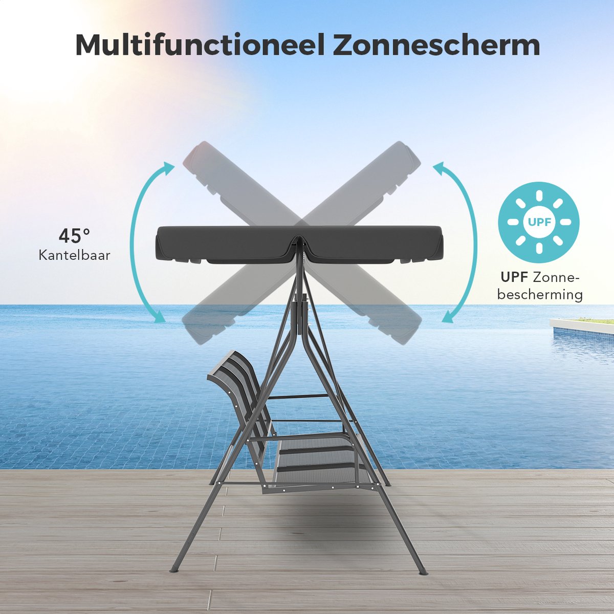 LifeGoods Schommelbank - 3-zits - tot 250KG - Kantelbaar Dak - UV-bestendig Zonnescherm - 172x104x162cm - Grijs — afbeelding 10