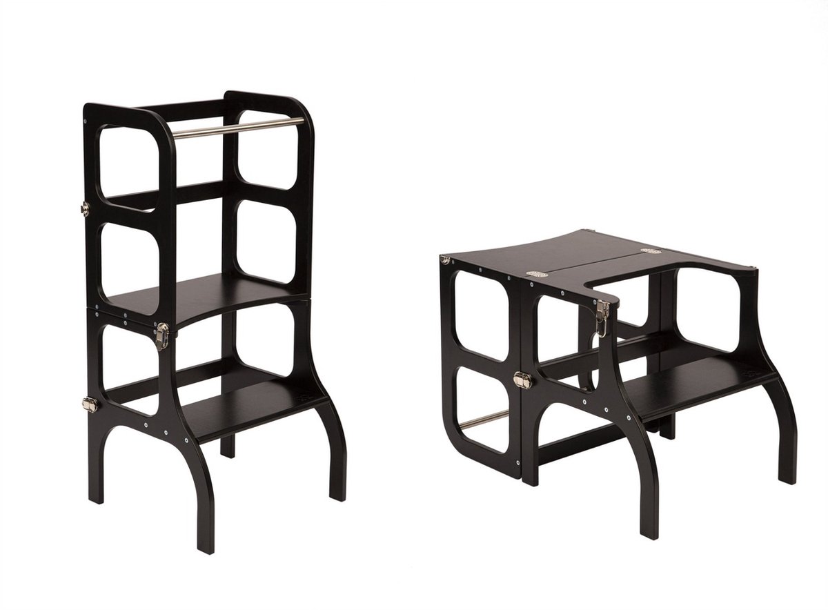 Ette Tete Step 'n Sit - Leertoren - Zwart met zilver clips Inklapbaar tot tafel en stoel - Learning Tower - Montessori inspired - Keukentrap - Keukenhulp - Leerstoel - Veilig -Duurzaam