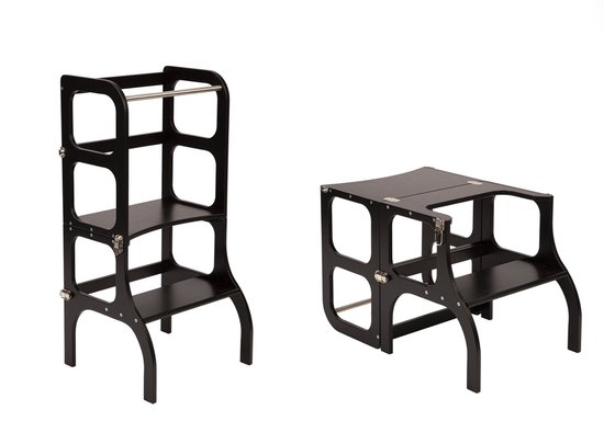 Ette Tete Step 'n Sit - Leertoren - Zwart met zilveren clips Inklapbaar tot tafel en stoel - Learning Tower - Montessori inspired - Keukentrap - Keukenhulp - Leerstoel - Veilig -Duurzaam