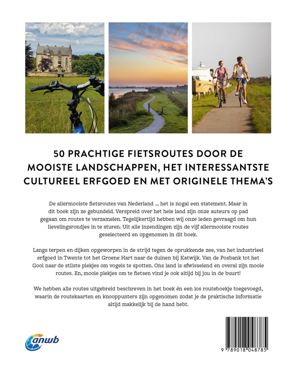 Twee foto's van fietsroutes: een kasteel met fiets, een landschap met fietspad, en twee mensen die fietsen. Tekst: '50 PRACHTIGE FIETSROUTES DOOR DE MOOISTE LANDSCHAPPEN, HET INTERESSANTSTE CULTUREEL ERFGOED EN MET ORIGINELE THEMA'S'.