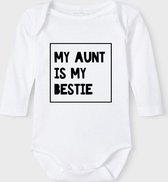 Baby Rompertje met tekst 'My aunt is my bestie' | Lange mouw l | wit zwart | maat 62/68 | cadeau | Kraamcadeau | Kraamkado