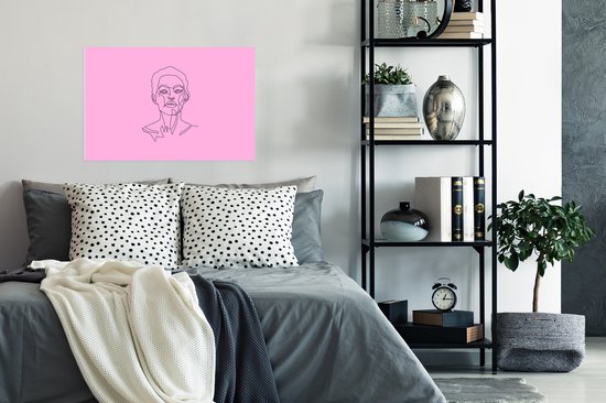 Femme art Line avec les cheveux courts sur un papier d'affiche de fond rose 90x60 cm - impression photo sur l' affiche (décoration murale salon / chambre à coucher)