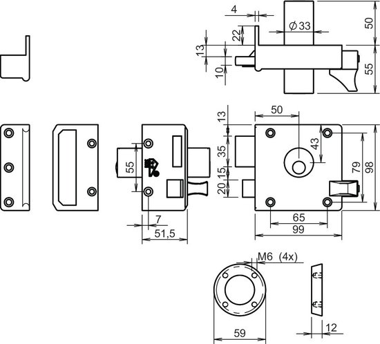 Technische tekening van een oplegslot met afmetingen.