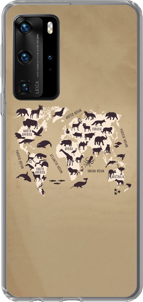 Telefoonhoesje Geschikt voor Huawei P40 Pro hoesje - Wereldkaart - Dieren - Bruin - Siliconen Telefoonhoesje Telefoonhoesje