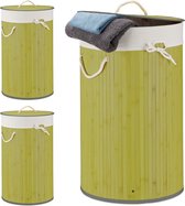 Relaxdays 3x wasmand bamboe - wasbox met deksel - 70 liter - rond - 65 x 41 cm - groen