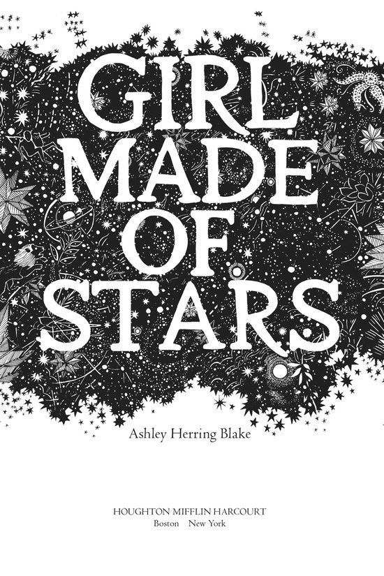 Boek kaft van "Girl Made of Stars" met witte tekst op een zwarte achtergrond met sterren en patronen.