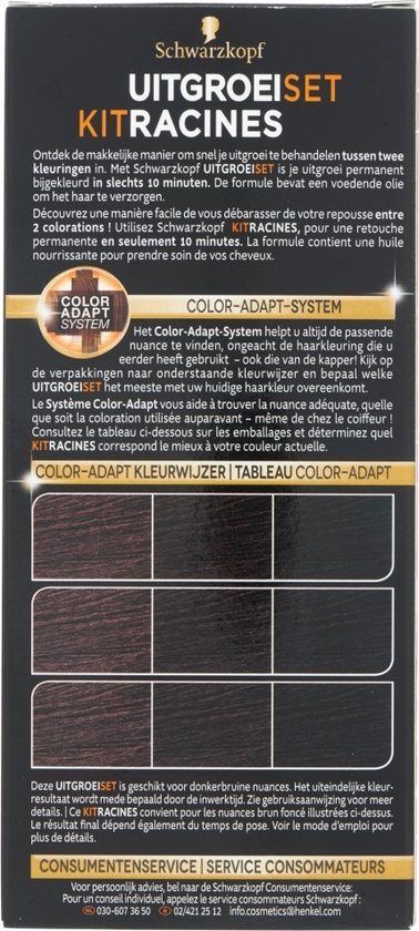 Verpakking van Schwarzkopf UitgroeiSet Kit Racines met kleurstalen voor donkerbruin haar R4.