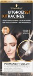Kop van een vrouw met donkerbruin haar. De verpakking van Schwarzkopf UitgroeiSet Kit Racines R4 donkerbruin wordt getoond.
