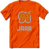 91 Jaar Feest T-Shirt | Goud - Zilver | Grappig Verjaardag Cadeau Shirt | Dames - Heren - Unisex | Tshirt Kleding Kado | - Oranje - L