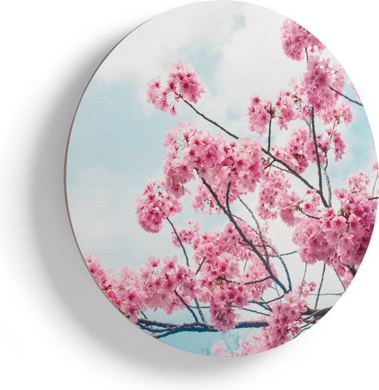 Artaza Houten Muurcirkel - Roze Bloesemboom - Bloemen - Ø 85 cm - Groot - Multiplex Wandcirkel - Rond Schilderij