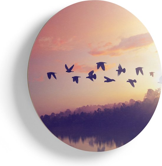 Artaza Houten Muurcirkel - Silhouet Vogels Tijdens Zonsondergang - Ø 55 cm - Multiplex Wandcirkel - Rond Schilderij